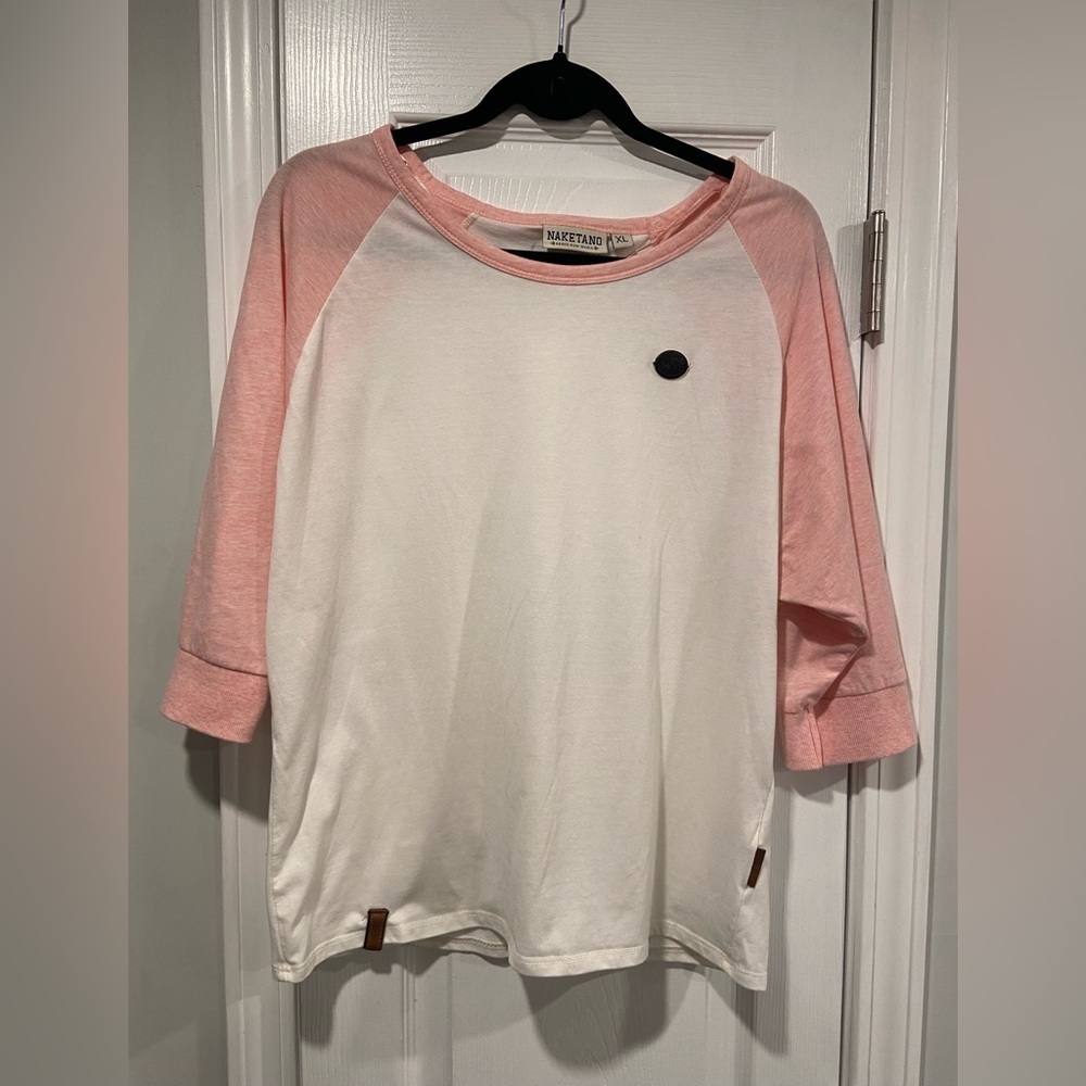 Naketano Size XL Pink White Ringer Short Sleeve Tee Shirt Leather Logo